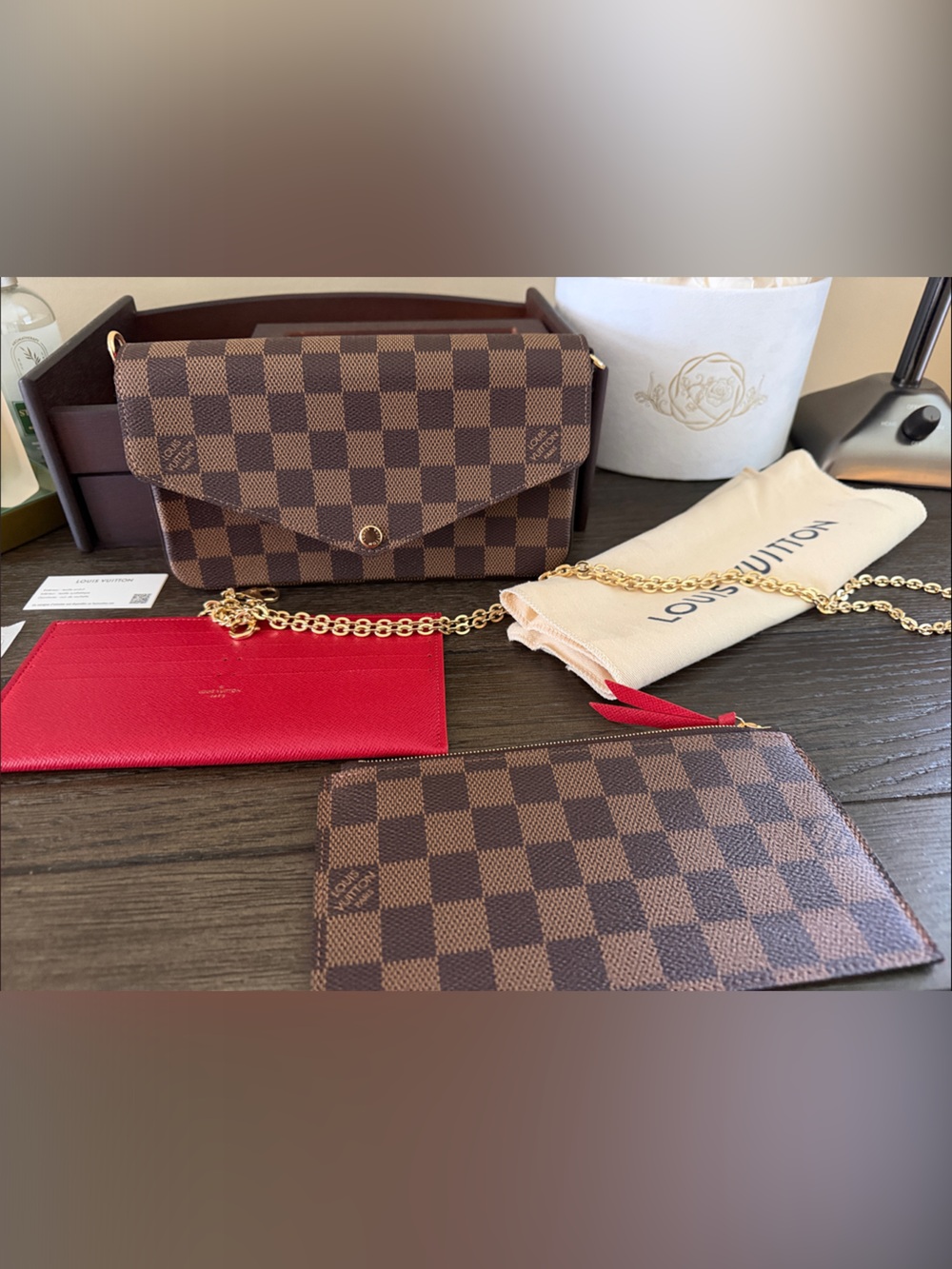 Louis Vuitton Damier Ebene Mini Chain Pochette with Red Accent